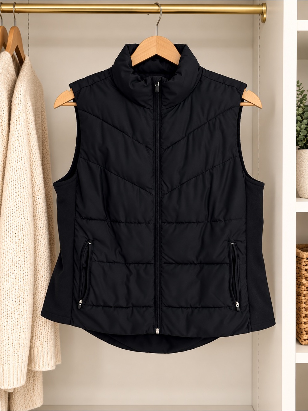 Black Women's Puffer Vest with Stand Collar